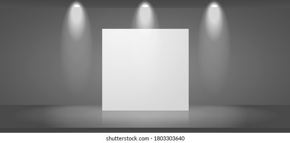 Plantilla en blanco vectorial 3d de una escena de exposición con un stand en blanco, con luces transparentes y sombras