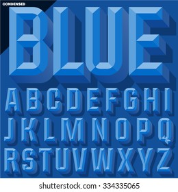 Vector 3D blue condense beveled alphabet with shadow. Simple colored version. 