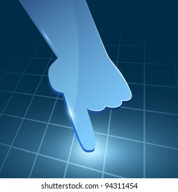 Vector 3d blue glass hand with line square background. Web element.