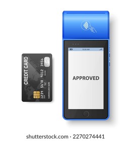 Vector 3d Blue NFC Payment Machine, Approved Status and Credit Card Isolated. Wi-fi, Wireless Payment. POS Terminal, Machine Design Template of Bank Payment Contactless Terminal, Mockup. Top VIew