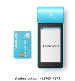 Vector 3d Blue NFC Payment Machine with Approved Status and Blue Credit Card. Wi-fi, Wireless Payment. POS Terminal, Machine Design Template of Bank Payment Contactless Terminal, Mockup. Top View