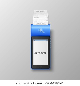 Vector 3d Blue NFC Payment Machine with Approved Status and Paper Receipt, Bill. Wi-fi, Wireless Payment. POS Terminal, Machine Design Template of Bank Payment Contactless Terminal, Mockup. Top View