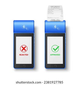 Vector 3d Blue NFC Payment Machine with Rejected and Approved Status, Paper Cash Receipt, Bill. Payment POS Terminal, Machine Design Template of Bank Payment Contactless Terminal, Mockup. Top View