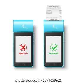Vector 3d Blue NFC Payment Machine with Rejected and Approved Status, Paper Cash Receipt, Bill. Payment POS Terminal, Machine Design Template of Bank Payment Contactless Terminal, Mockup. Top View