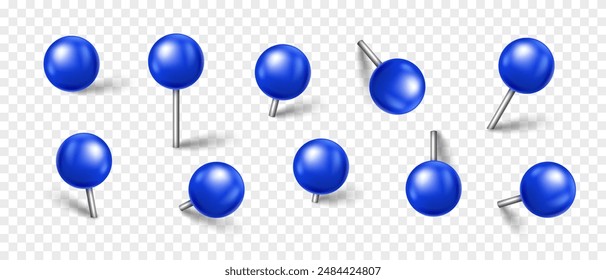 Vector 3D blue pin with shadow isolated on transparent background. Set of realistic plastic round thumbtack in different angles.