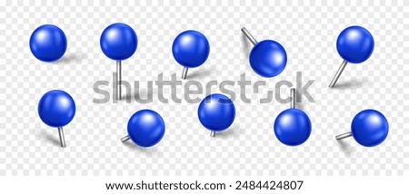 Vector 3D blue pin with shadow isolated on transparent background. Set of realistic plastic round thumbtack in different angles.