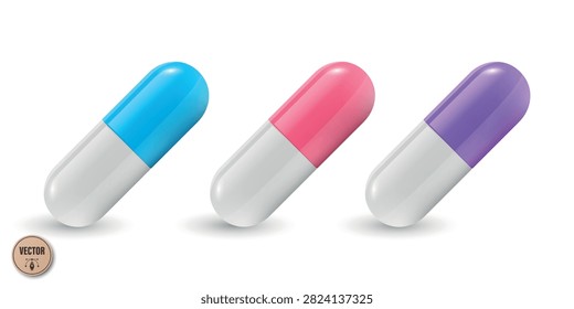 Vector 3d Blue, pink, Purple and White Capsule Pill Isolated. Realistic 3d Medicine Illustration for Pharmacy and Healthcare. Prescription Drug Supplement Concept. Medical Medication Icon