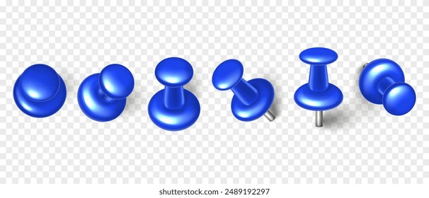 Vector 3D blue push pin with shadow isolated on transparent background. Set of realistic plastic thumbtack in different angles.