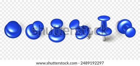 Vector 3D blue push pin with shadow isolated on transparent background. Set of realistic plastic thumbtack in different angles.