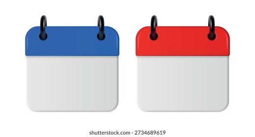 Vector 3d Blue and Red Calendar Icon Set. Blank Calendar Icon Template for Planner, Schedule, Organizer, Date Reminder. Office Design Element, Modern Calendar, Front View