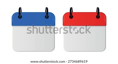 Vector 3d Blue and Red Calendar Icon Set. Blank Calendar Icon Template for Planner, Schedule, Organizer, Date Reminder. Office Design Element, Modern Calendar, Front View