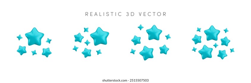 Vector 3d blue sparkling star collection on white background. Cute realistic cartoon 3d render, blue sparkle shining stars illustration set for magic decoration, web, game, app, design, nursery.