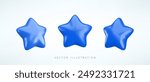 Vector 3d blue star icons set. Cute realistic cartoon 3d render, glossy metallic star front and side projection, for customer rating concept, decor, web, game design, app, advert.