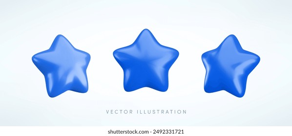 Vector 3d blue star icons set. Cute realistic cartoon 3d render, glossy metallic star front and side projection, for customer rating concept, decor, web, game design, app, advert.