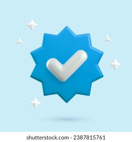 Vector 3d Blue Verified Badge concept. Trendy plastic blue round starburst badge with checkmark and sparkles, approved realistic icon on blue background. 3d render yes tick sign illustration.