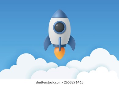 Vector 3d Blue and White Rocket Icon, Startup Launch Concept. Blue and White Spaceship, Vector Illustration. Modern Business Logo, Flying Spacecraft Symbol. Missile Design for Growth, Innovation