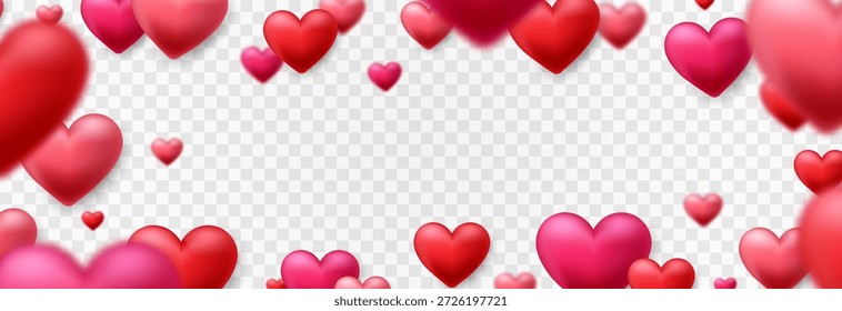 Png de plano de fundo de corações embaçados 3d vetorial. Bela faixa de amor. Luzes e brilhos. Valentine design de conceito de corações embaçados. Feliz Dia das Mulheres, das Mães, dos Namorados. Fundo transparente.