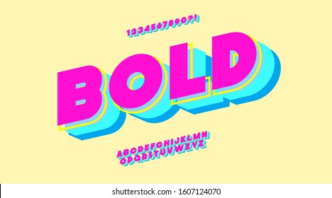 Vector 3d bold font colorful trendy typography for t shirt, game, book, racing, infographics, motion graphics, video, promotion, poster, decoration, banner, printing. Modern typeface. 10 eps