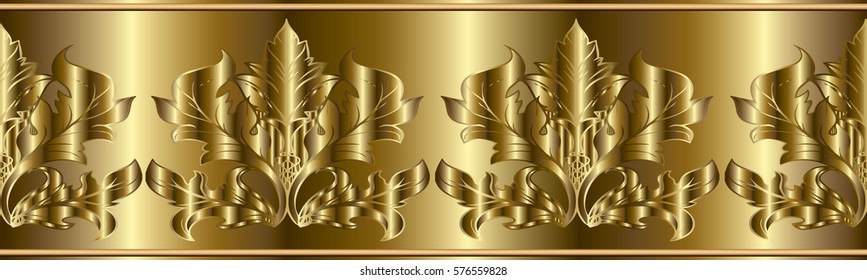 Vector 3d border. Gold damask seamless pattern. Floral gold background with vintage medieval  3d  baroque ornaments, antique scroll  leaves and flowers. Luxury  texture for wallpapers, textile, fabric
