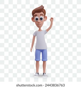 Vector 3D boy waving his hand. Child character greets with gesture