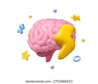 Vector 3d brainstorm icon. Effective brain thinking, cartoon education concept. 