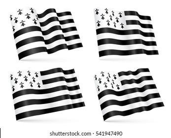 Vector 3D Breton waving flags set isolated on white background