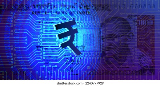 Vector 3d bright glowing digital rupee symbol on the background of pixel banknote of India and computer chip. Hi tech financial poster.