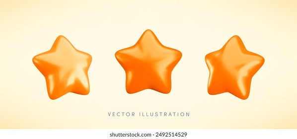 Iconos de la estrella del bronce del Vector 3d fijados en el fondo amarillo. Caricatura 3d de dibujos animados realistas lindo, brillante metálico estrella frente y proyección lateral, para el concepto de calificación Cliente, decoración, Web, diseño de juego, App, anuncio.