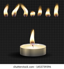 Vector 3d burning realistic candle light or tea light and different flame of a candle icon set closeup isolated on transparency grid background. Tea candle or candle in a case. For animation