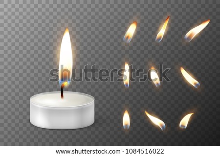 Vector 3d burning realistic candle light or tea light and different flame of a candle icon set closeup isolated on transparency grid background. Tea candle or candle in a case. Design template