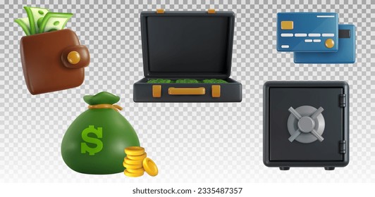 Iconos vectores 3d de finanzas de negocios o bancos en un estilo de caricatura realista. Caja fuerte, cartera, bolsa de dinero, estuche, tarjeta de crédito. Elementos de diseño comercial creativo. Indique el colorido gráfico brillante.