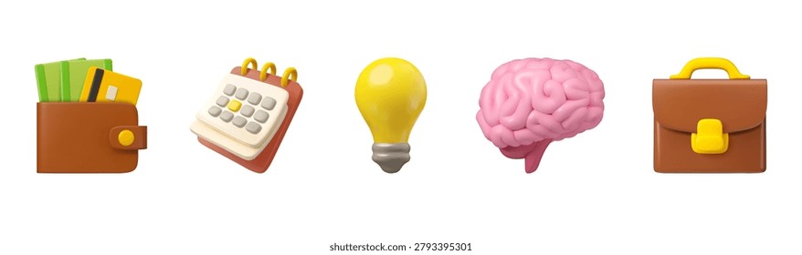 Vector 3d business icon set. Wallet, light bulb, brain, briefcase and calendar symbols. Management emoji collection