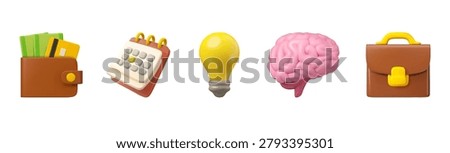 Vector 3d business icon set. Wallet, light bulb, brain, briefcase and calendar symbols. Management emoji collection