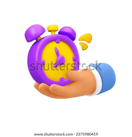 Vector 3d businessman hand holding alarm clock. Self organization and time management concept. Working time icon isolated on white background