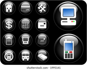 Vector 3D buttons of communication, transportation, property and finance.