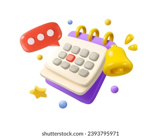 Vector 3d calendar icon. Notification bell and speech bubble, event reminder design. Cartoon render abstract agenda mockup isolated on white background, deadline day concept