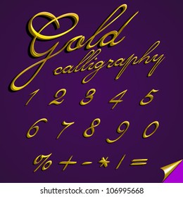 Vector 3d calligraphic gold font, numbers digits