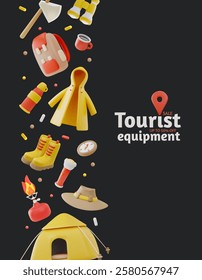Vector 3D Camping Gear Sale Poster, Black Isolated Background. Sale of Discounted Gear, Clothing, Accessories, and Equipment. Advertising Flyer. Cartoon Illustration. Space for Text.
