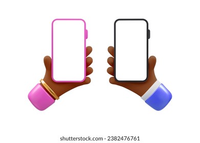 Caricatura vectorial 3d mano afroamericana sosteniendo un smartphone. El brazo de hombre y mujer con icono de teléfono móvil o burla. Ilustración realista en los medios sociales