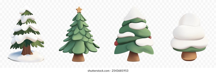 Vector 3D cartoon Christmas trees with snow elements design