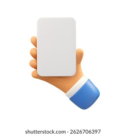 Vector 3d cartoon hand holding paper card. Businessman arm in suit showing empty vertical sheet. Presentation mockup. Icon isolated on white background