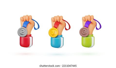 Vector 3d cartoon hands holding golden silver and bronze medals collection . Winning achievement design elements on white background. Sport competition award ceremony design elements