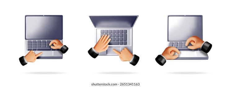 Mãos de desenhos animados 3d vetoriais no teclado do notebook e touch pad. Conjunto de elementos de trabalho online para comunicação e serviço de internet.