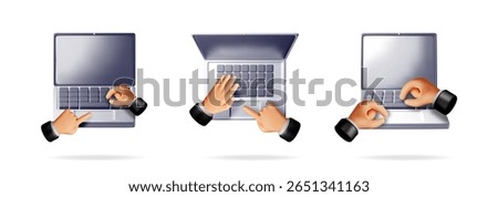 Vector 3d cartoon hands on laptop keyboard and touchpad. Set of online work elements for communication and internet service.