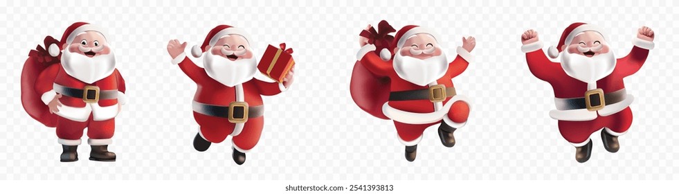 Vector 3D cartoon happy Christmas santa claus characters design. holding gift box and bag, jumping dancing fun