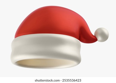 Vector 3d cartoon hat of santa claus in realistic minimal style. Festive bright element isolated on white background. Holiday illustration.