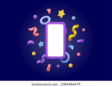 Vector 3d cartoon phone with confetti. Web banner or mockup. Smartphone illustration on dark background