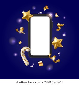 Vector 3d cartoon phone with gold Christmas confetti. Xmas web banner or mockup. Smartphone New year sparkling illustration on dark background.