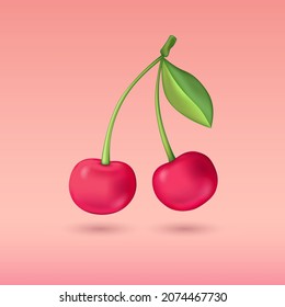 Ilustración plastica de dibujos animados vectoriales 3d de dos cerezas con hoja