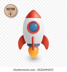 Vector 3D Cartoon Rocket, Front View. Minimalist Startup Spaceship Icon, Technology Launch Concept. Futuristic Transport, Toy Rocket Clipart, Innovation Symbol for Business or Kids Design